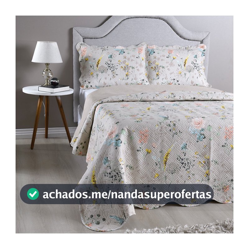 Kit Cobre Leito Colcha Solteiro Casal Queen King 3 e 2 Peças Boutis Estampada Dupla Face Porta Travesseiro Aba Americana