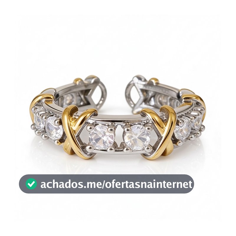 Anel Solitário Luxo Cravejado Zircônia Banhado a Ouro 18K e a Prata 925 Ajustável