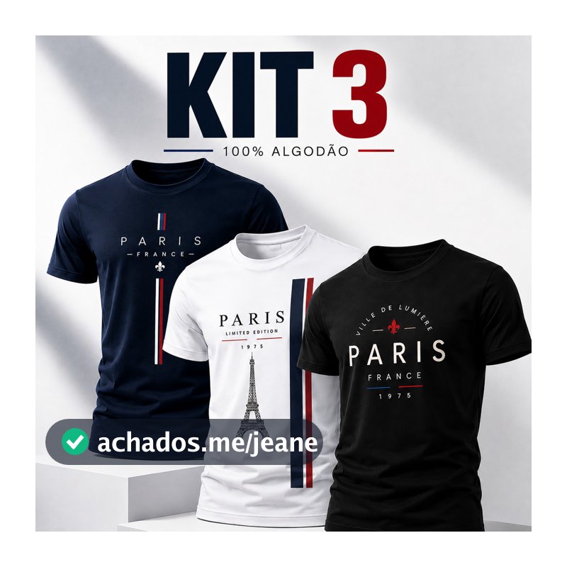 Kit 3 Camisetas Masculinas Estampadas Paris 100% Algodão Manga Curta Casual Premium