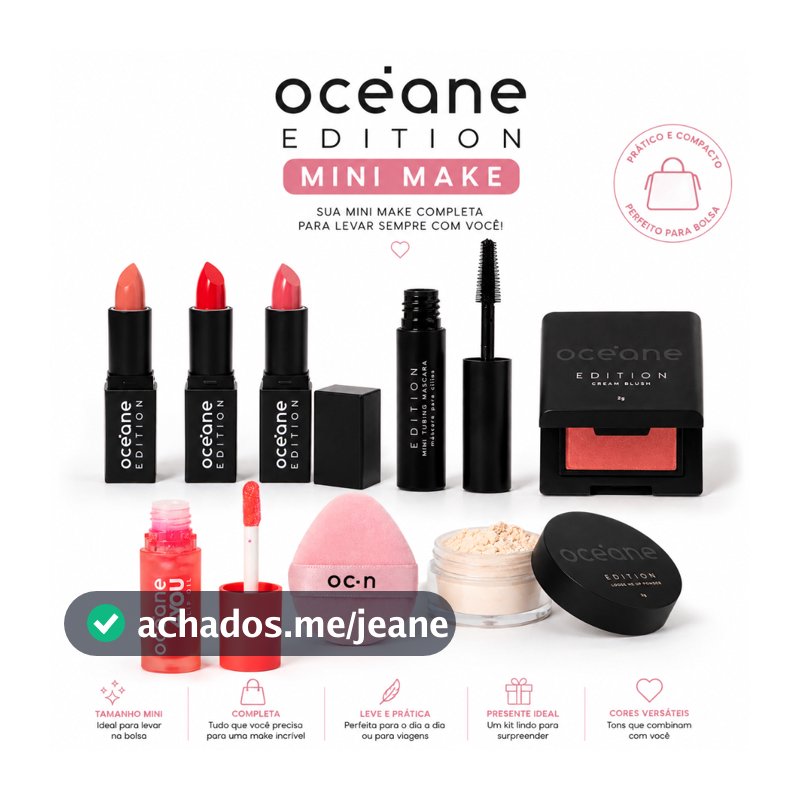 Kit Mini Maquiagem Océane Blush, Pó solto, Batom, Lip Oil, Máscara cílios e Esponja Powder Puff