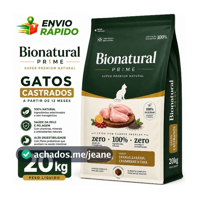 Ração Super Premium Bionatural para Gatos Castrados 20kg sabor Frango Envio Rápido
