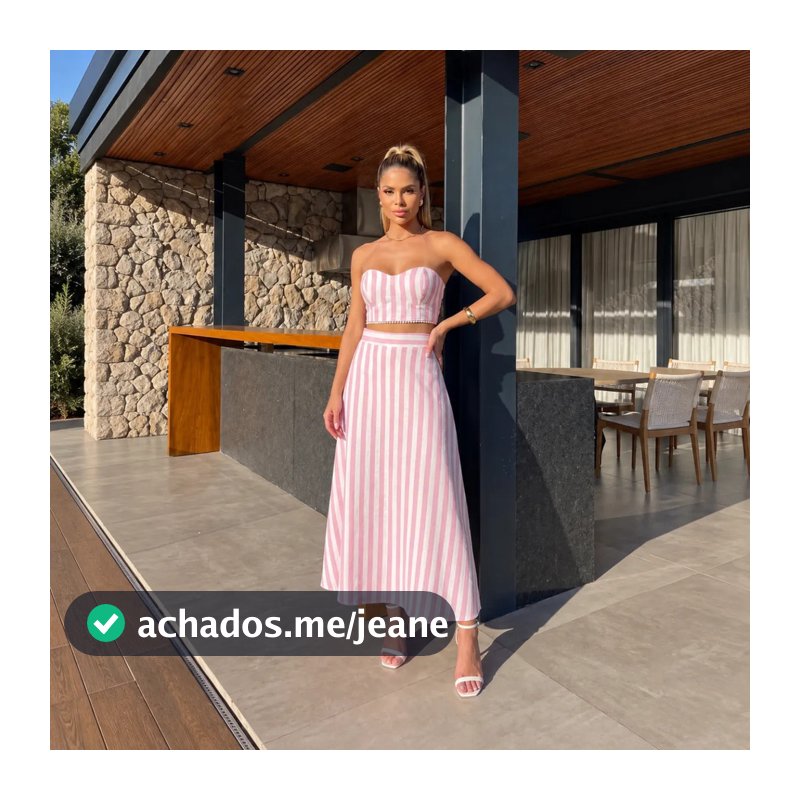 Conjunto Feminino Listrado Maelle Cropped Tomara que Caia com Bojo Renda Guipir e Saia Longa Cintura Alta