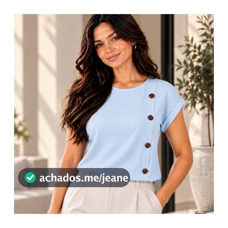 Blusa Feminina Manga Curta Gola Redonda Duna Linho com Botões Decorativos Casual Elegante