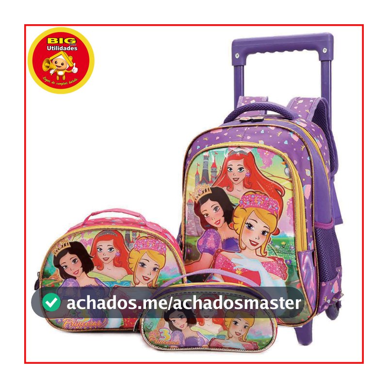Kit Mochila de Rodas Lancheira e estojo Infantil Feminina Resistente Escolar Creche Menina Princesa