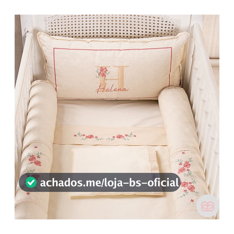 Kit Berço Americano Menina Rosê Personalizado Com Nome Linho Premium Protetor Rolinho 9pçs