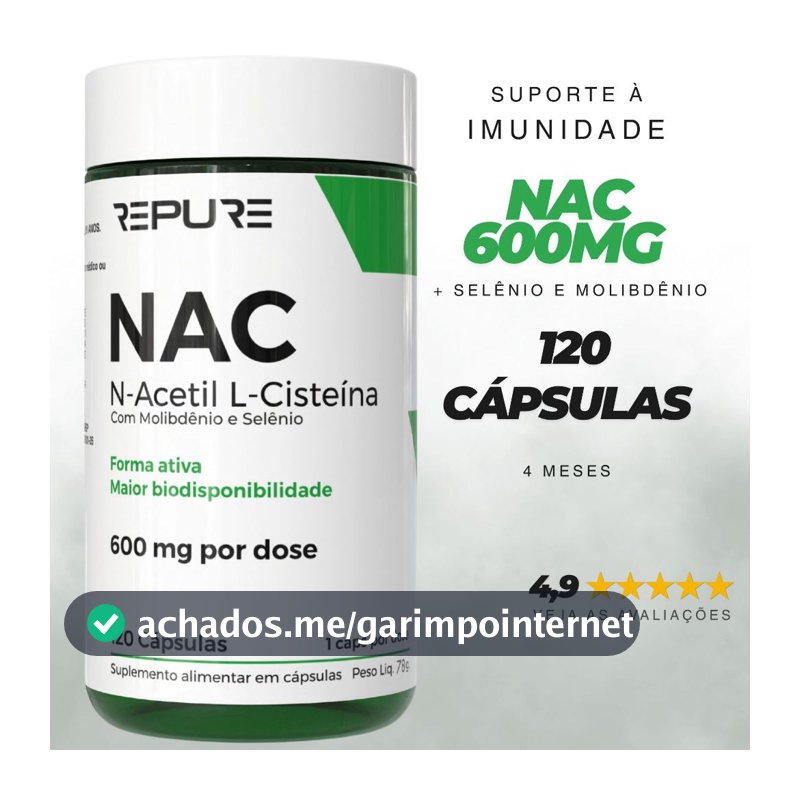 Nac N-acetil L-cisteína 600mg Molibdênio + Selênio Original 120 Cápsulas (4 Meses)