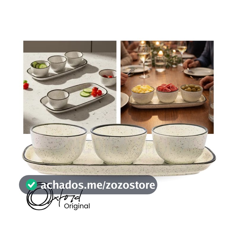 Jogo de Petisqueira 3 Bowls com Bandeja em Cerâmica Retangular Para Servir Domus Brisa Oxford