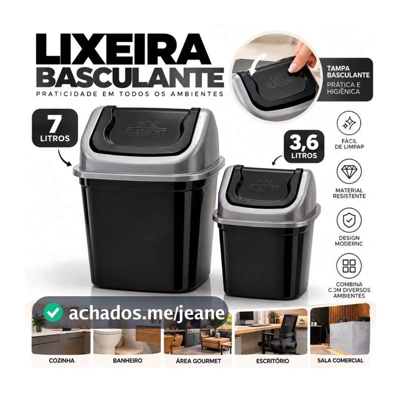 Kit Lixeira Basculante 7L + 3,6L Organização Cozinha Banheiro Pia Escritório Multiuso  Utilidades Plástico Reforçado