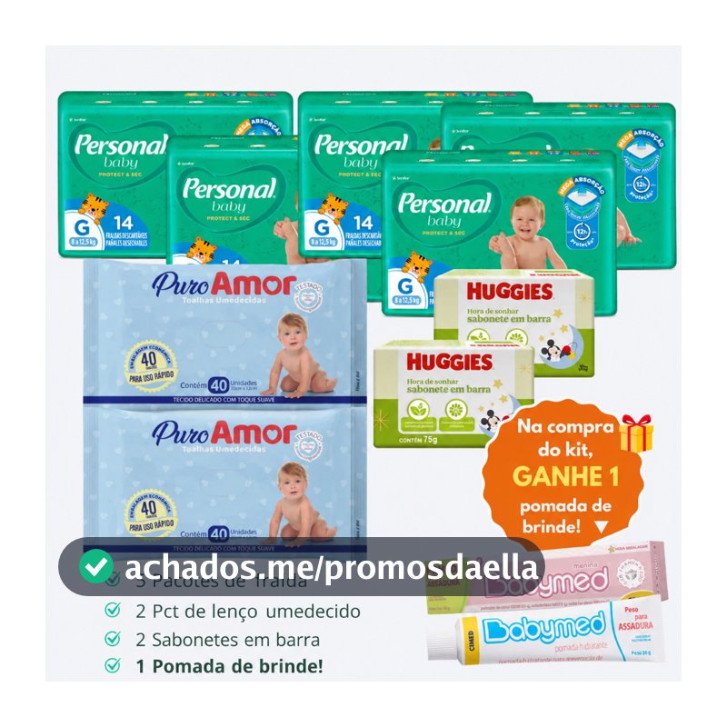 Kit 5 Pacotes Fralda  Descartável Personal Baby + 2 Lenço Umedecido + 2 Sabonetes + 1 Pomada de Assadura