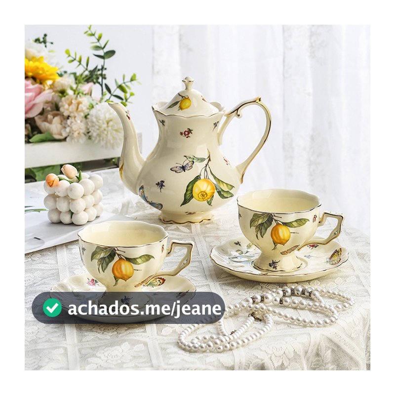 Bule de Cerâmica para Chá Cafe Xicara Porcelana Floral Lemon Estilho Inglês Vintage Elegante Mesa Posta  Decor