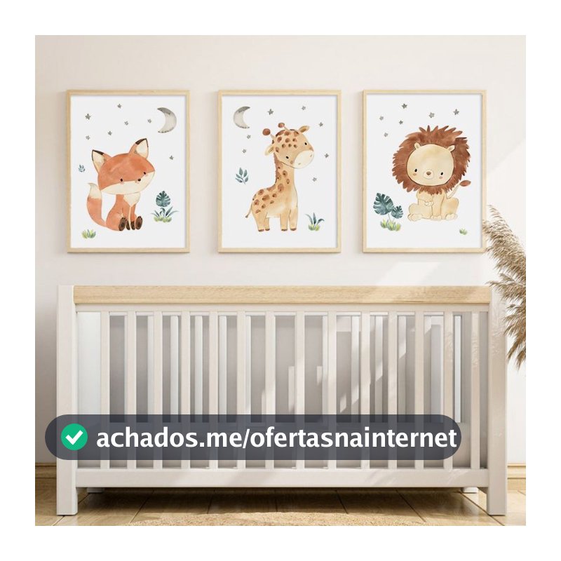 quadro decorativo infantil safari leão girafa raposa fofos 3 peças