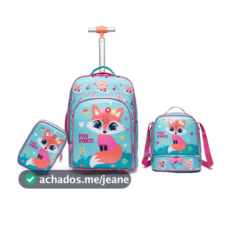 Kit Mochila Rodinha Raposa Feminina Menina Infantil Escolar Lancheira Térmica Estojo Organizador