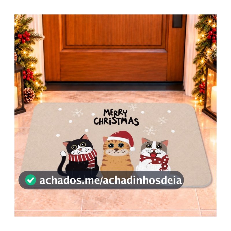 Tapete de Entrada Natalino Antiderrapante 60x40cm Decoração de Natal Gatinhos