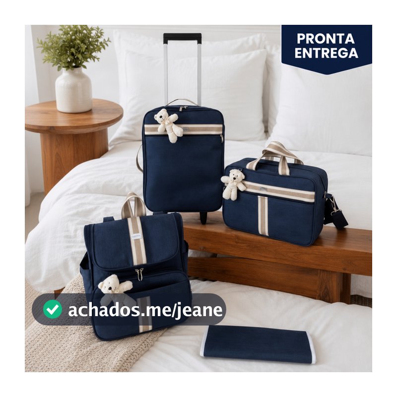 kit bolsa maternidade mala rodinha azul marinho faixa bege listrado