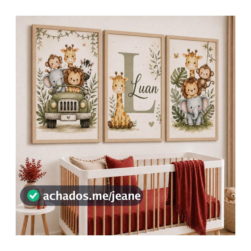 Kit 3 Quadros Infantil Safari Animais Personalizado Com Nome Quarto Bebê Menino