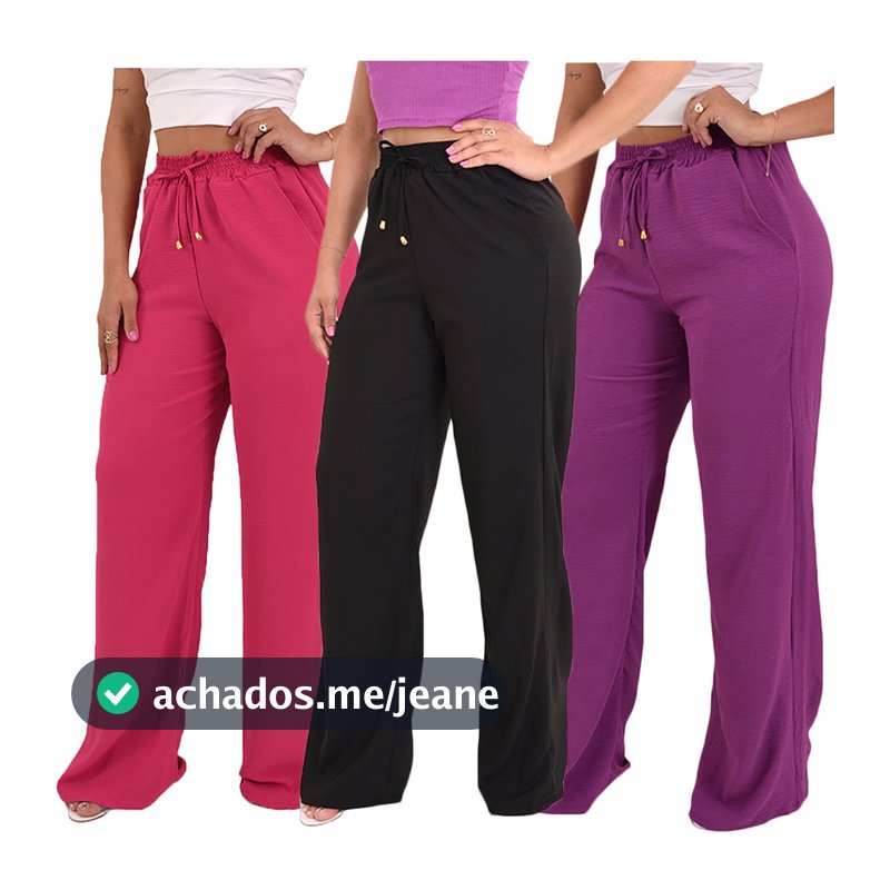 Kit 3 Calças Pantalona Feminina Cintura Alta Moda Tendência .