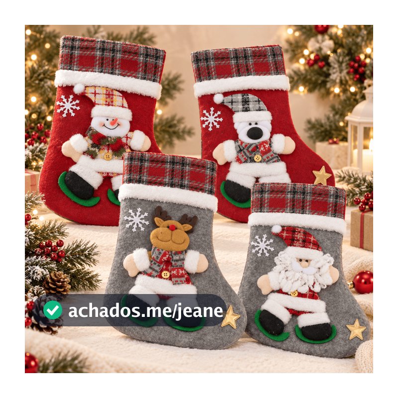 Meia Bota de Natal Decorativa 25x40cm Papai Noel Boneco de Neve Rena Urso