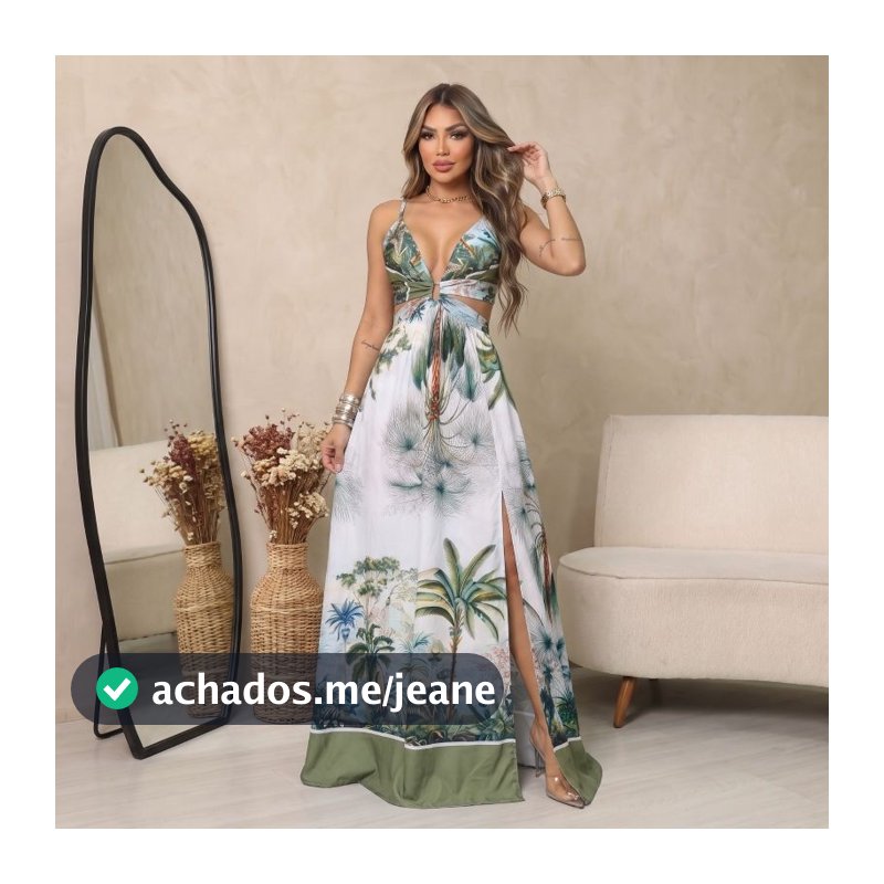Vestido Longo Estampado Elegante com Fenda Lateral- Verão
