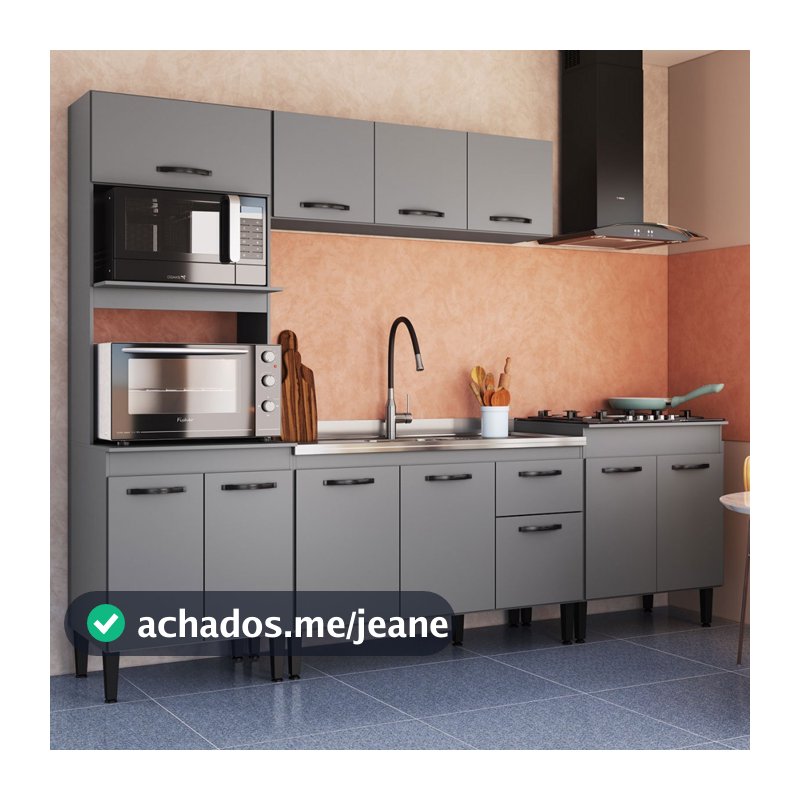 Armário de Cozinha Laís 11 Portas 1 Gaveta Cinza - Pnr Móveis