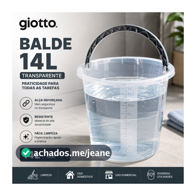 Balde 14L Transparente com Alça Cinza e Medidor Multiuso Cozinha Lavanderia Limpeza Giotto