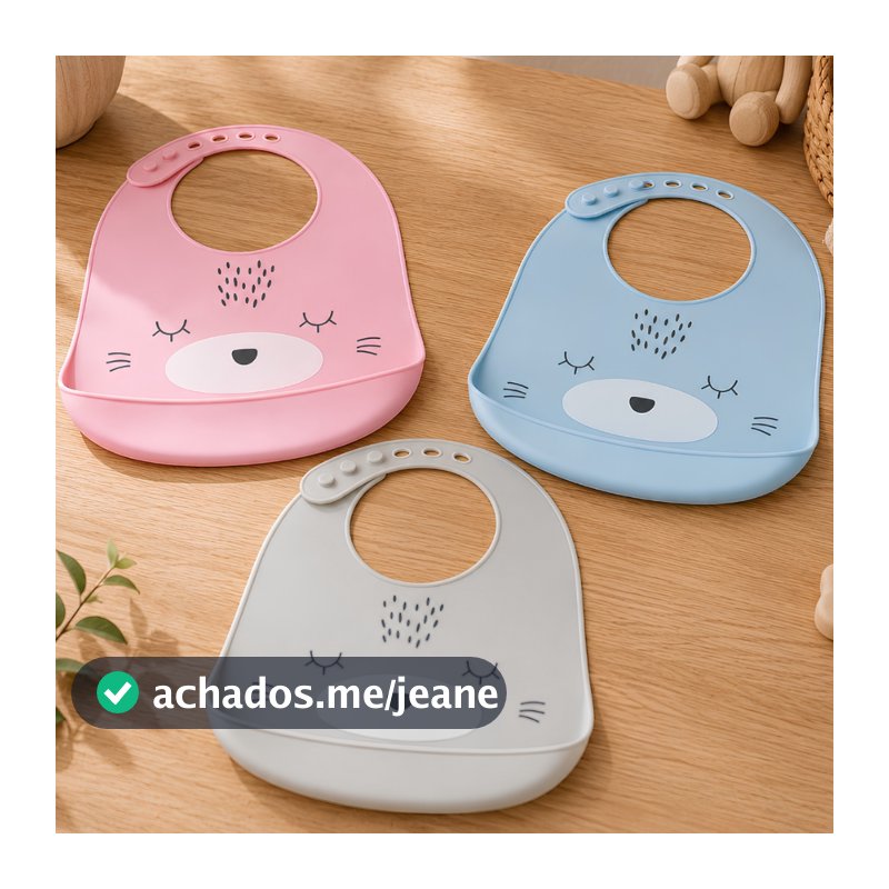 Babador De Silicone Para Bebê Ursinho Infantil Ajustável Impermeável Com Pega Migalhas Resistente Menino Menina Castela