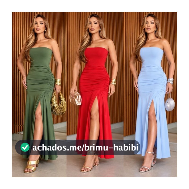 Vestido Longo Feminino Tomara que Caia com Fenda Franzido Elegante Natal Ano Novo Final de Ano Festa Suplex Casamento