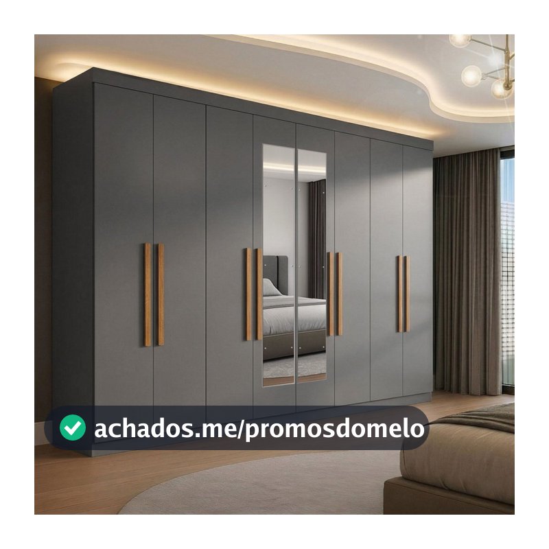 Guarda-Roupa Casal com Espelho 8 Portas 4 Gavetas Paris Cinza/Onix Ônix