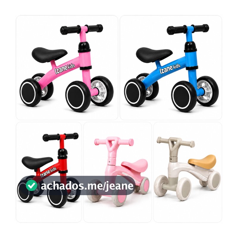 Bicicleta de Equilibrio Infantil Izane Kids Sem Pedal 4 Rodas Branco Rosa Azul Vermelho