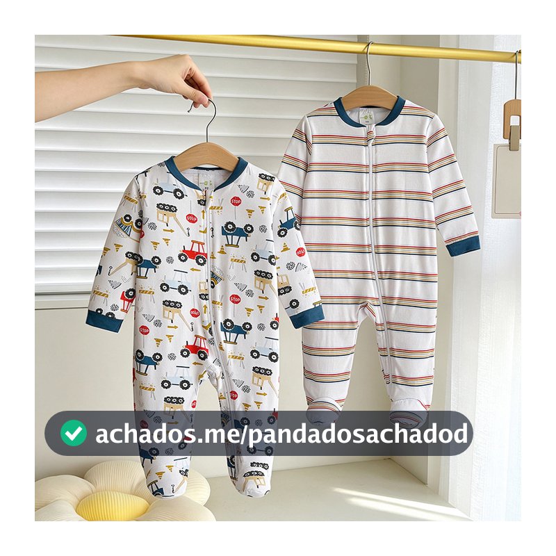 Conjunto de 2 peças de macacão Bebê Manga Longa com Pé Macio Estampa Veículos Obra Listras Recém Nascido