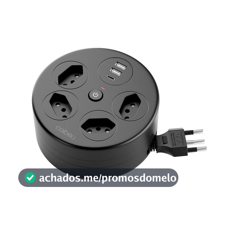 Extensão Elétrica Retrátil Circular 4 Tomadas + USB‑A USB‑C 2200W Proteção contra Sobrecarga