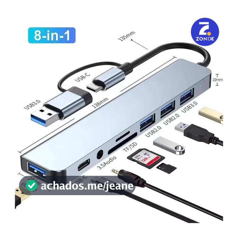 Hub USB Type C 8 Em 1 Com Leitor De Cartão Divisor 3.0 2.0 SD TF Docking Station-Zonix
