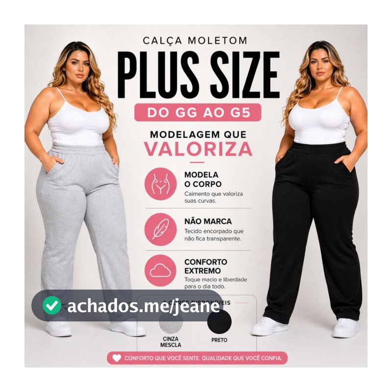 Calça Moletom Feminina Plus Size Reta Sem Punho Aveludada Preta e Cinza Mescla GG ao G5