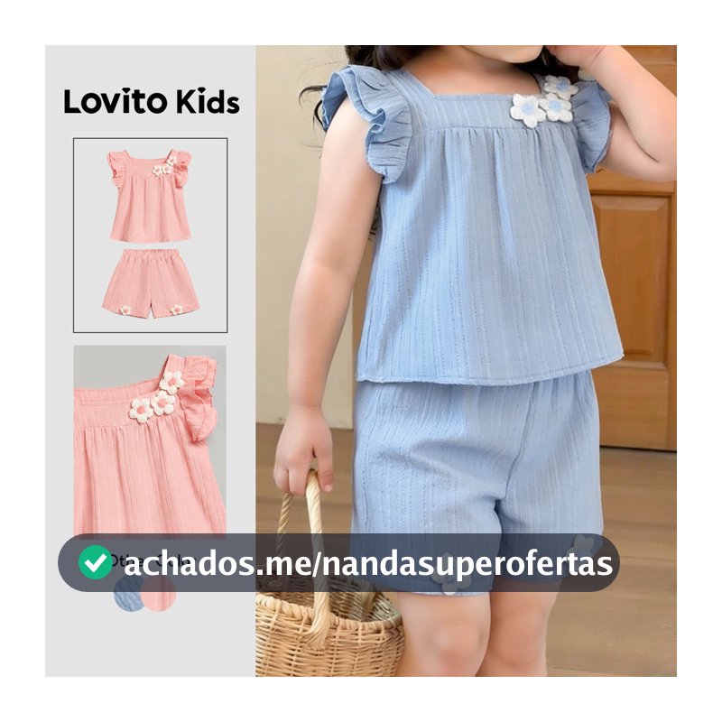 Lovito Kids Floral Conjunto Casual de Shorts com Apliques de Babados Azul Primavera/verão para Meninas L186LD218