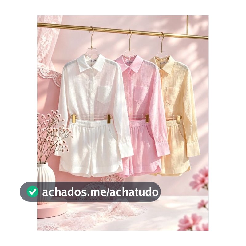 Conjunto em linho importado camisa e short com forrado casaul elegante para seu looks coreção novo em verão