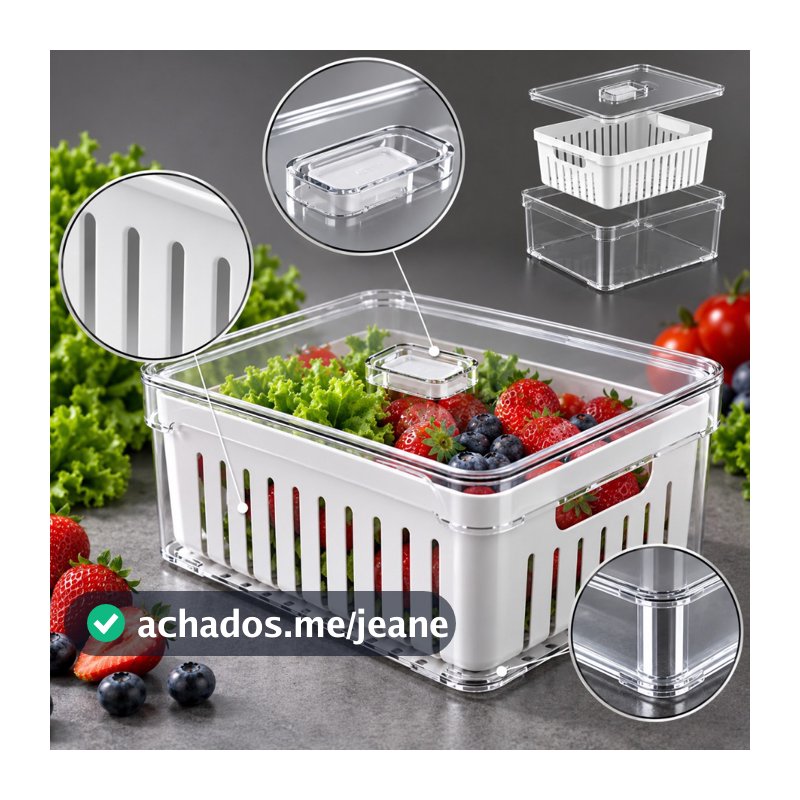 Kit 1, 2 ou 4 Unidades Pote para Organizar Geladeira 2,2L Acrílico Transparente Cesto Sem BPA Para Drenagem Trava Fresh