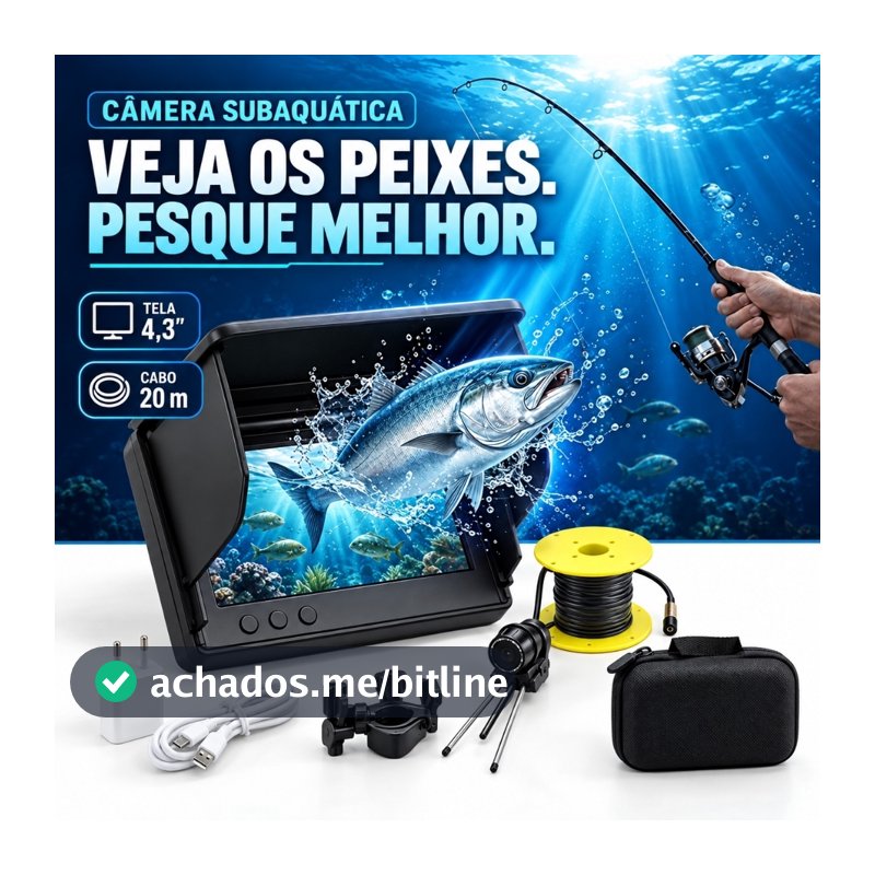 Câmera Subaquática para Pesca com Monitor IPS 4,3” 1080P IP68 Cabo 20m Bateria 10000mAh