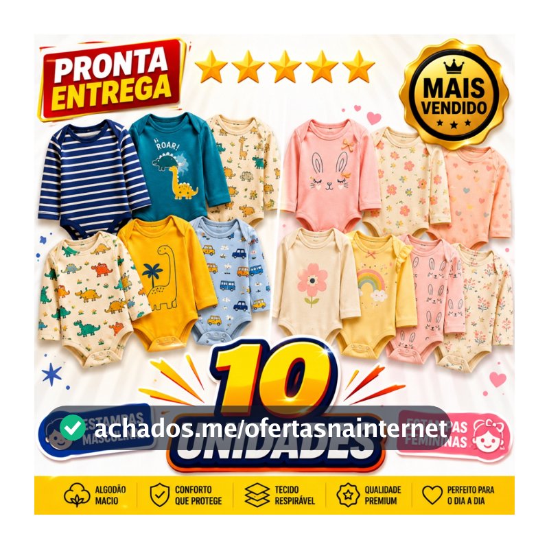 Kit 10 Peças Roupinha Enxoval de Bebê Infantil Body Manga Longa Estampado
