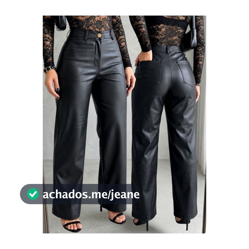 Calça Feminina Cintura Alta Wide Leg Pantalona Bolso Couro Premium Preta Fake