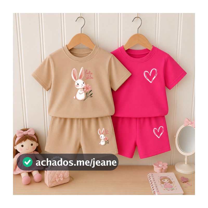 Kit Infantil 4 peças menina short e camiseta bege coelhinha pink coração