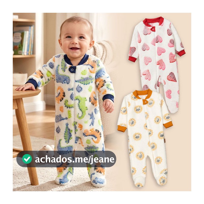Macacão Longo Bebê Pelúcia com Zíper Frontal Fleece Até 24 Meses