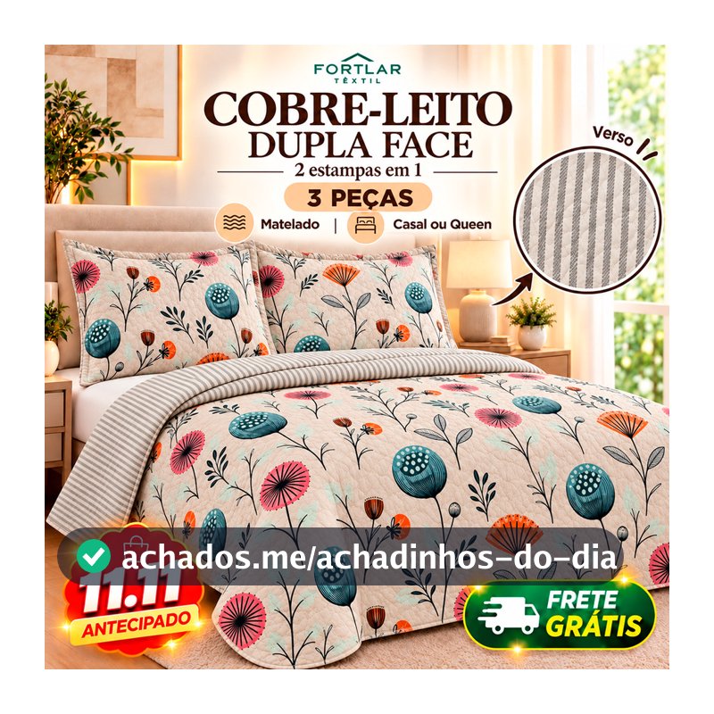 Kit Colcha Cobre Leito 3 Pçs Casal Queen Dupla Face Estampada Matelado Linha Super Premium Luxo
