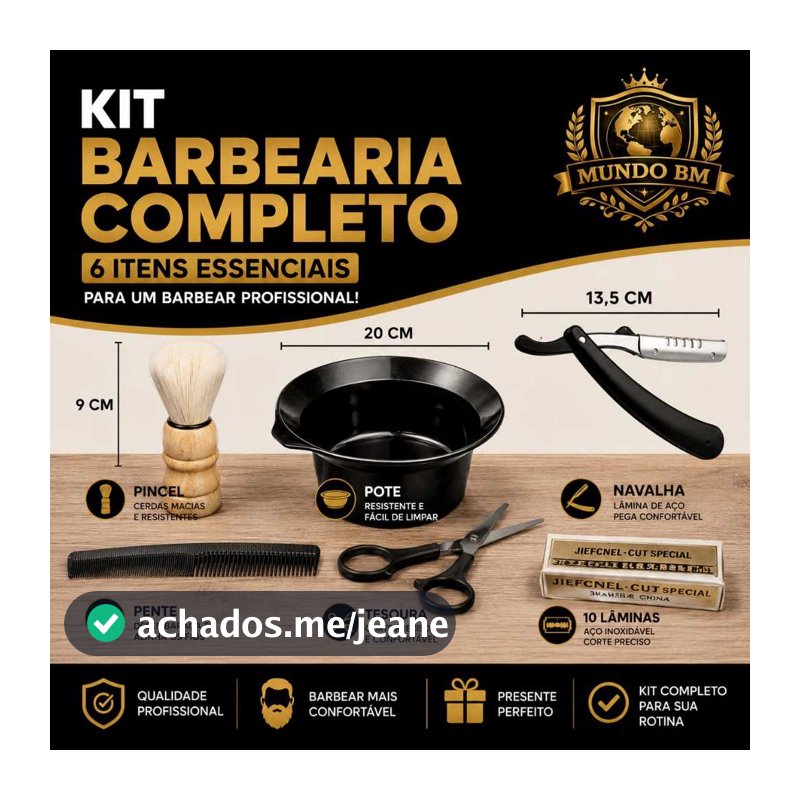 Kit Barbearia Profissional Completo | Variações com 1 a 6 Itens | Navalha, Pincel, Pente, Tesoura, Pote e Lâminas