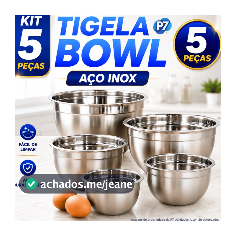 Jogo de Bowl Inox 5 Peças Tigela Inox Empilhável 14cm 16cm 20cm 22cm 24cm Gamela Bacia Cozinha