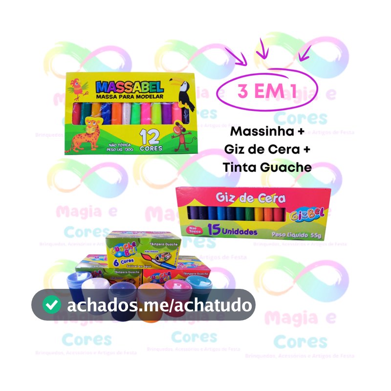 Kit Escolar - Massinha de Modelar + Giz de Cera + Tinta Guache