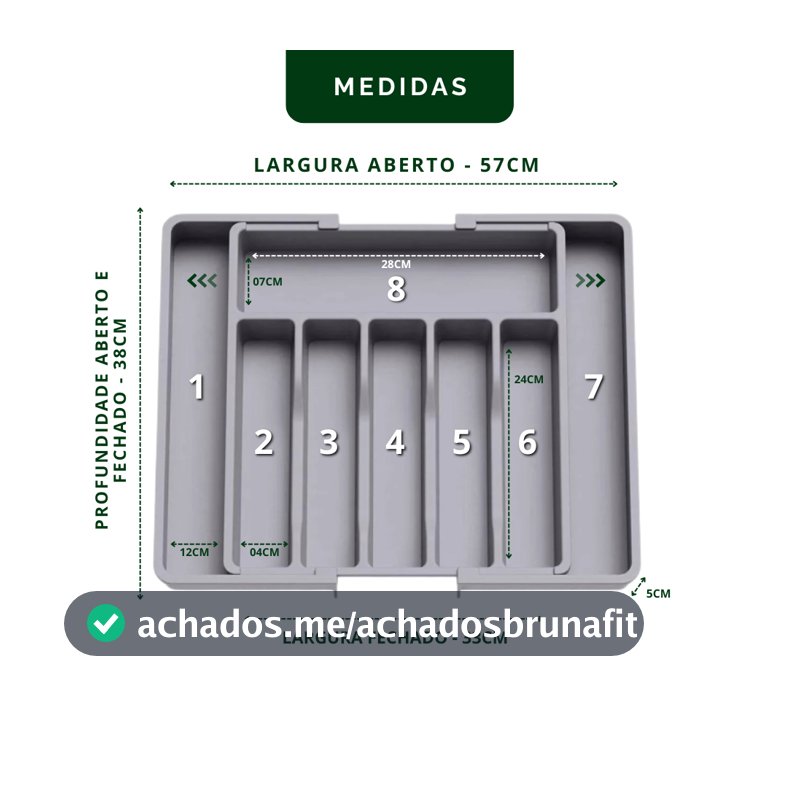 Organizador de gaveta para talheres com 8 compartimentos e extensor ajustável para melhor organização