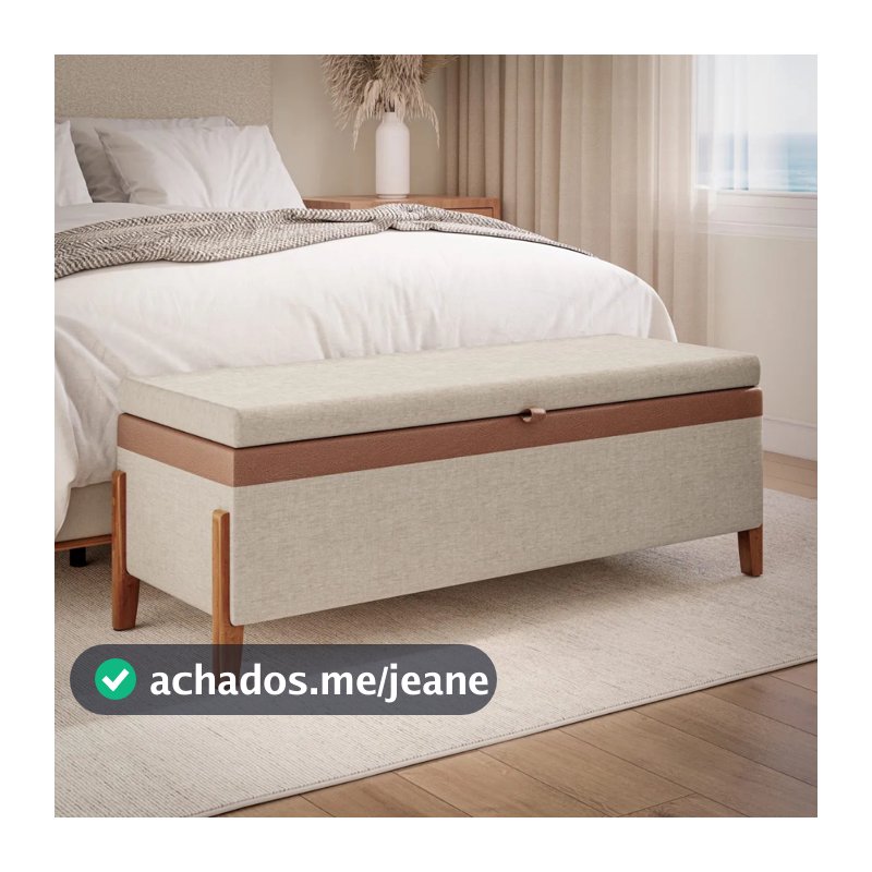 Recamier Atenas 120cm Puff Baú Linho Bege Casal Organizador Moderno Sapateira Confortável Quarto