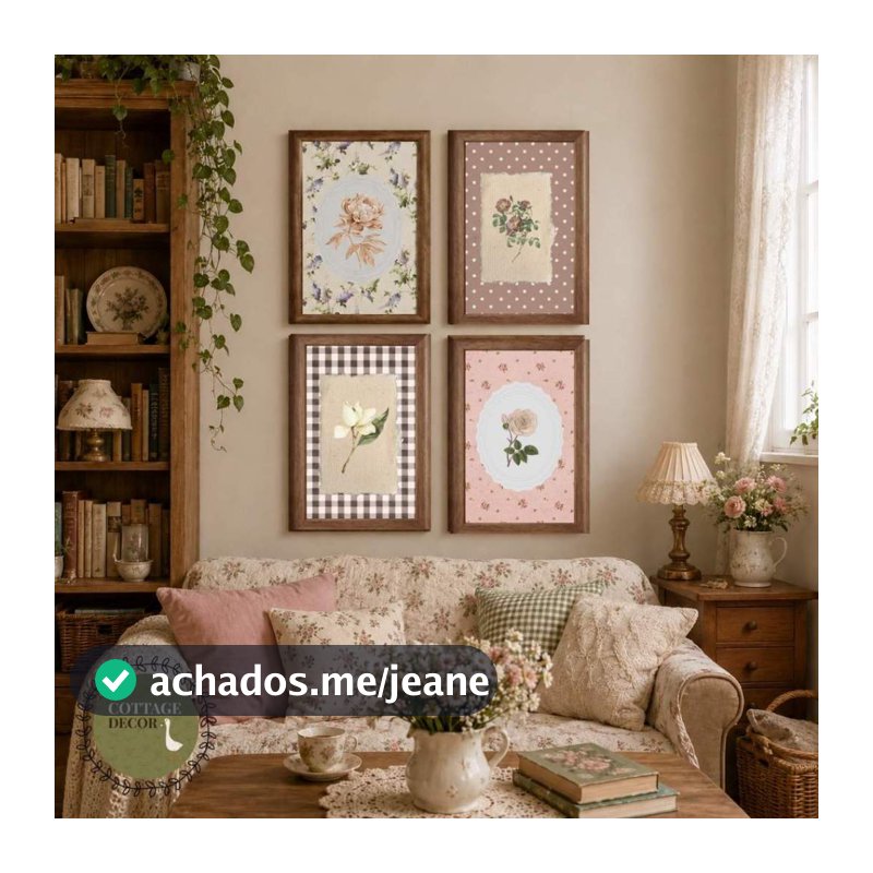 Kit 4 Placas Decorativas Florais Vintage em MDF – Quadro Botânico Floral Cottagecore Farmhouse