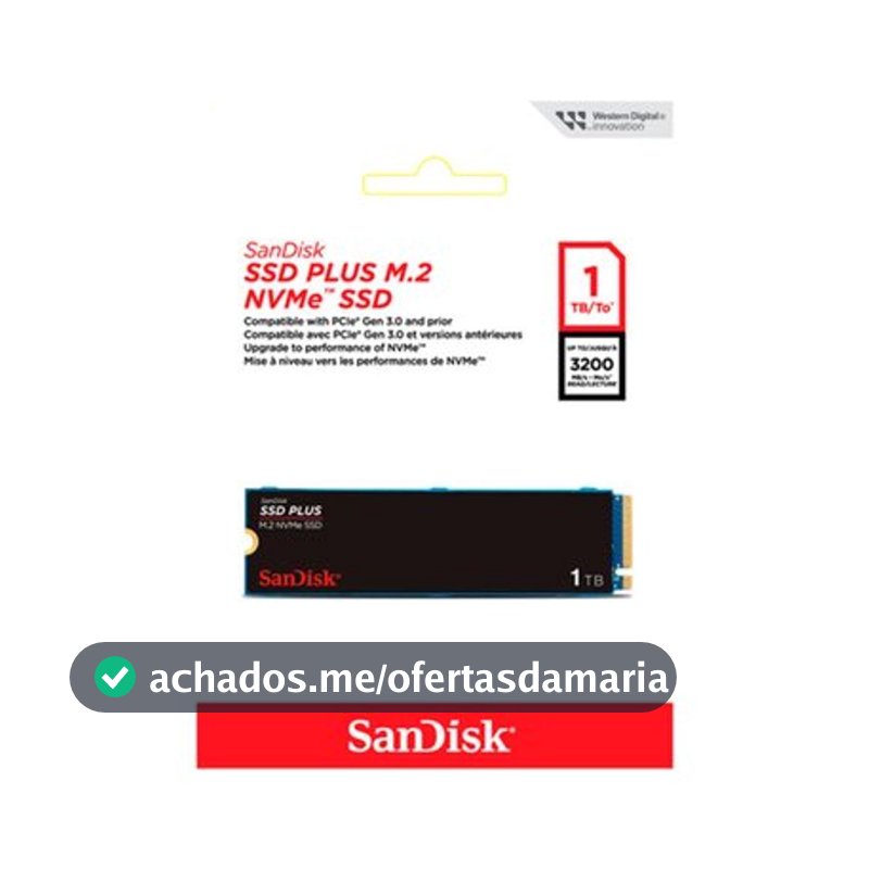 SSD SanDisk Plus, 1TB, M.2 PCle, NVMe, Leitura 3200MB/s e Gravação acima de 2500MB/s, Preto - SDSSDA3N-1T00-G26