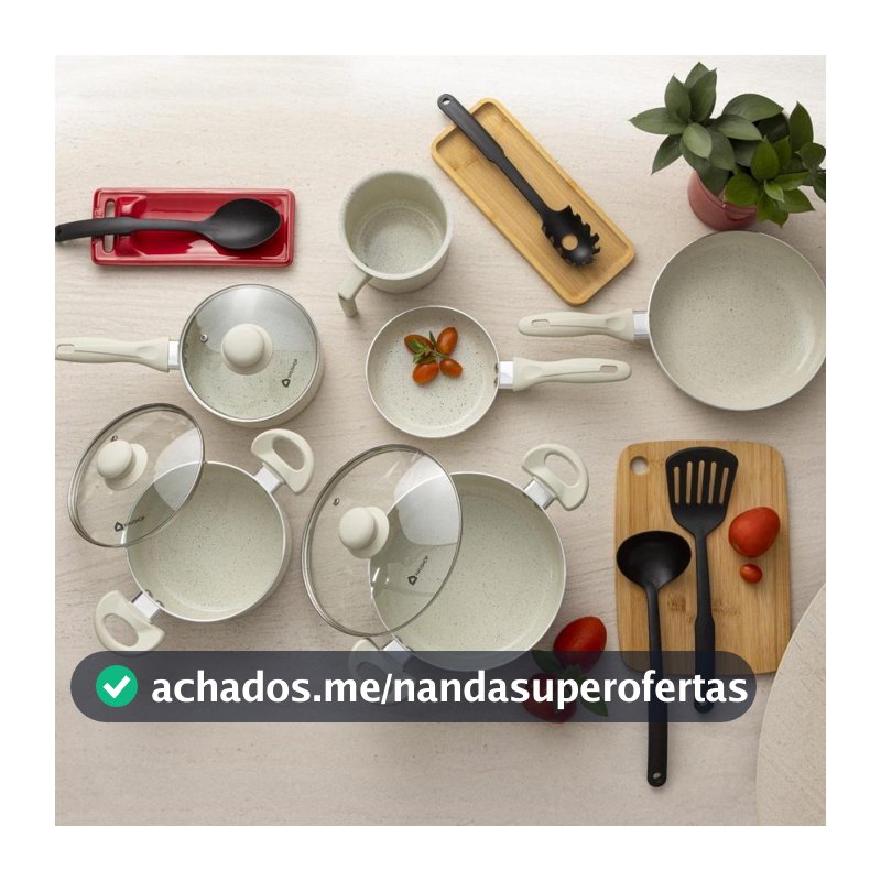 Jogo de Panelas Haushop 10 Peças Cerâmico Marmorizado com Tampas e Utensílios, compatível fogão Indução, gás, elétrico