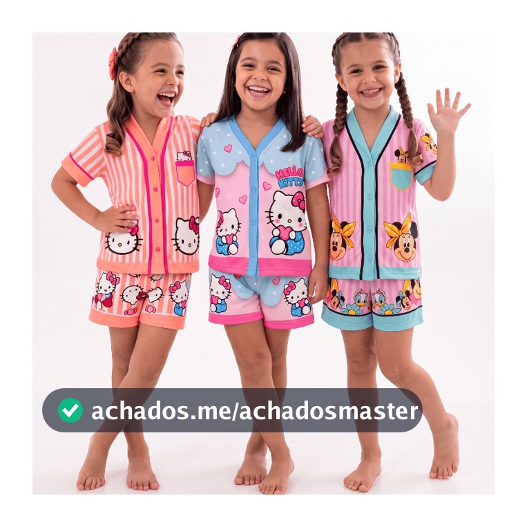 Pijama Infantil Menina Americano 3D Hello Kitty Minnie Snoopy Manga Curta e Short Verão Soft Suede Feminino 1 a 10 Anos